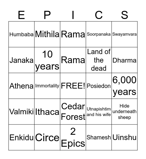 Heros and Theology of Oddesey, Ramayana, and Epic of Gilgamesh Bingo Card