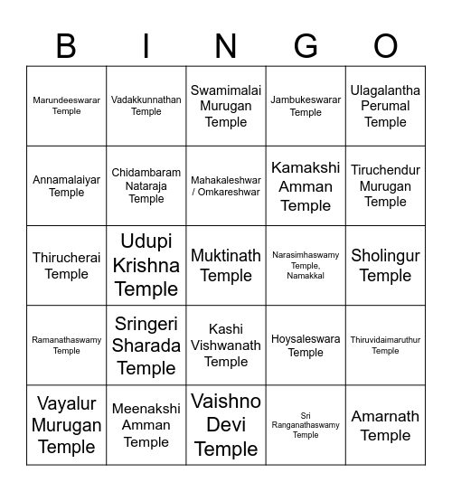 Temple Bingo Card