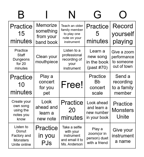 Winter Break Band Bingo Card