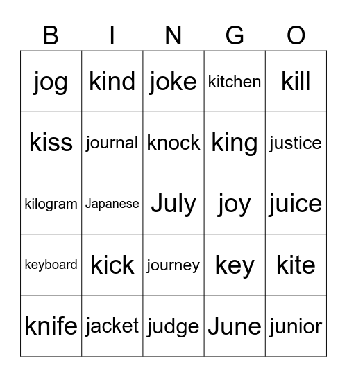 “J”&“K" Bingo Card