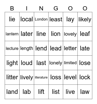"L" Bingo Card