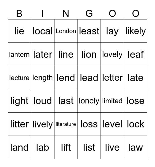 "L" Bingo Card