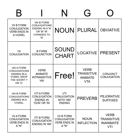 ANISHNAABEMOWIN GRAMMAR Bingo Card