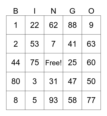 Test Card Bingo Card