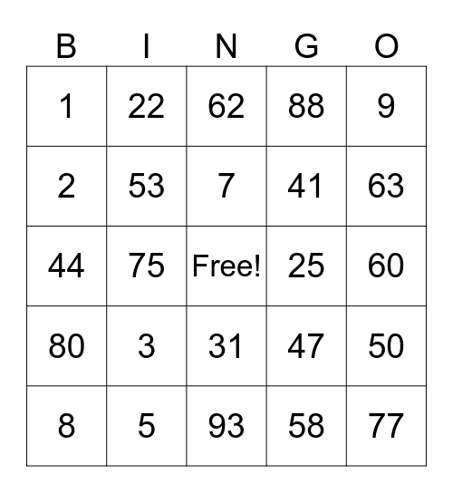 Test Card Bingo Card