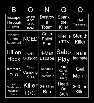 DBD Subathon Bingo Card