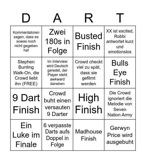 Darts Bingo Card