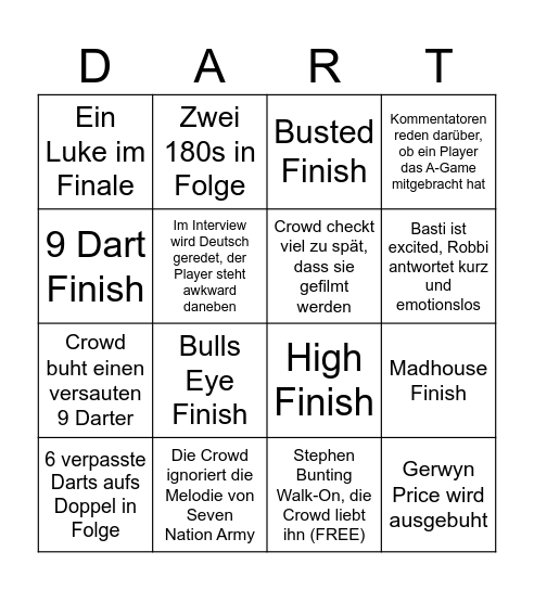 Darts Bingo Card