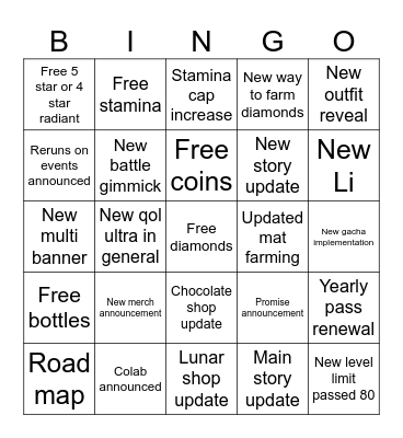 Love and deep space 2nd anniversary Bingo Card