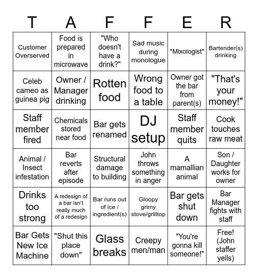 Bar Rescue Bingo Card
