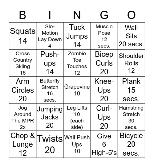 Physical Education Bingo Card