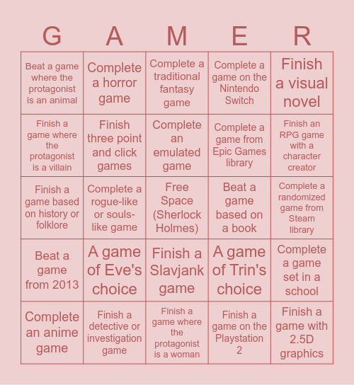 Gamer Girl Bingo Card