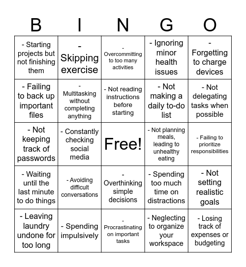 Exec. Func. or Sports Psych Stress Bingo Card