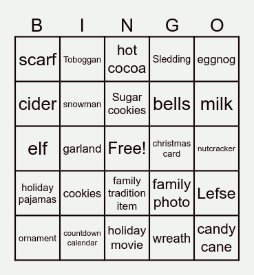 Tollefson Holiday Bingo Card