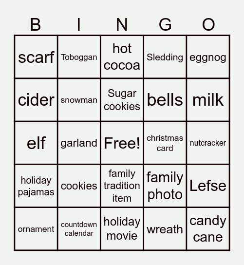 Tollefson Holiday Bingo Card