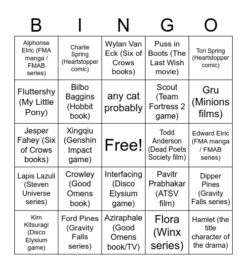 Kins Bingo Card