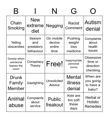 Dysfunctional Family Bingo Card