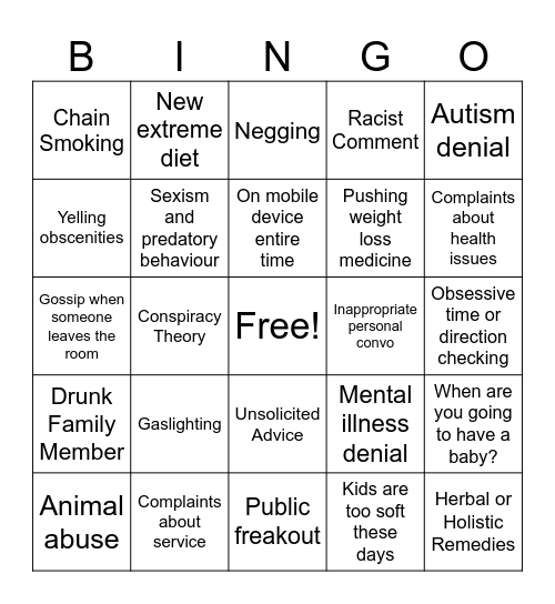 Dysfunctional Family Bingo Card