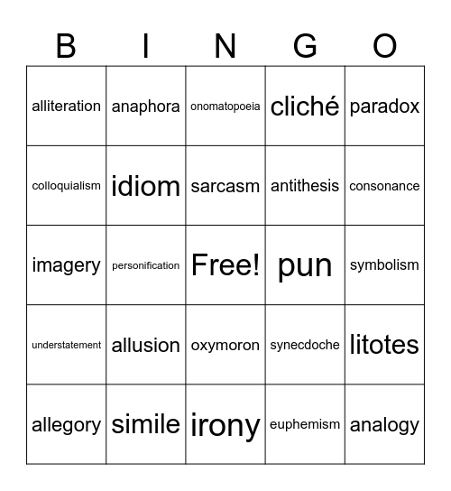 Figurative Language Bingo Card
