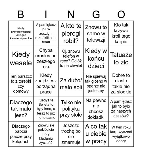 Wigilijny stół Bingo Card