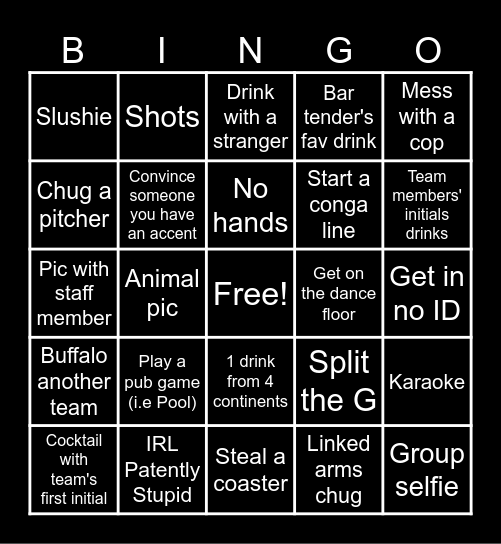 Pub Crawl Bingo Card