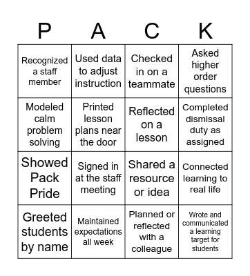 5 House-1 PACK Challenge Bingo Card