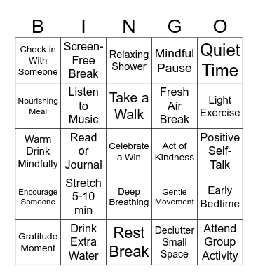 Winter Wellness Bingo Card Bingo Card