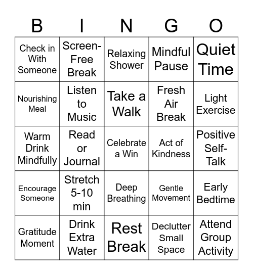 Winter Wellness Bingo Card Bingo Card