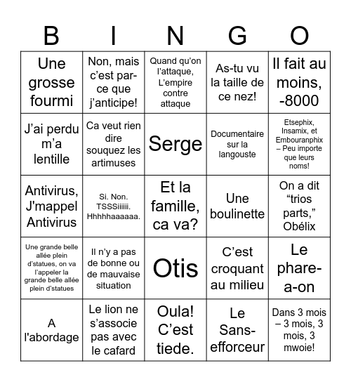 Mission Cleopatre Bingo Card