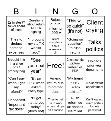 Tax Season Bingo Card