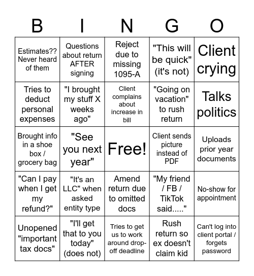 Tax Season Bingo Card