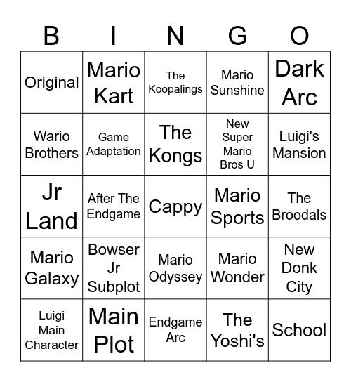 Super Mario Minecraft Series Bingo Card