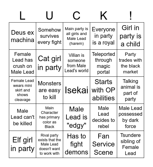 Isekai Bingo Card