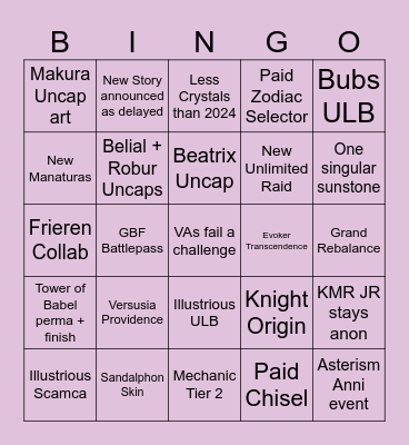 Granblue Bingo Card
