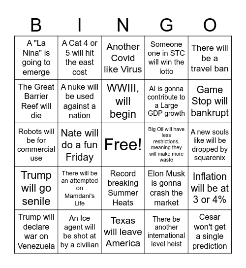 2026 Predictions Bingo Card