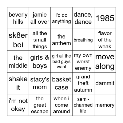 Pop-Punk Bingo Card