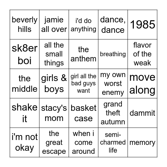 Pop-Punk Bingo Card