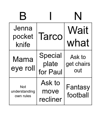 Xmas Eve Eve Bingo Card