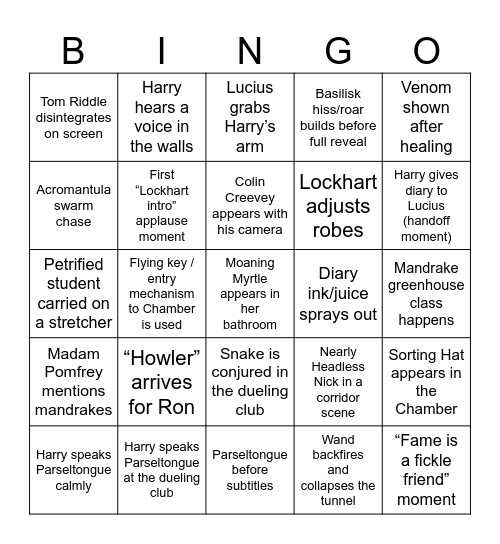 Chamber Of Secrets Bingo Card