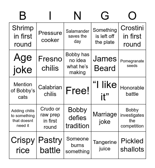 Bobby Flay Bingo Card