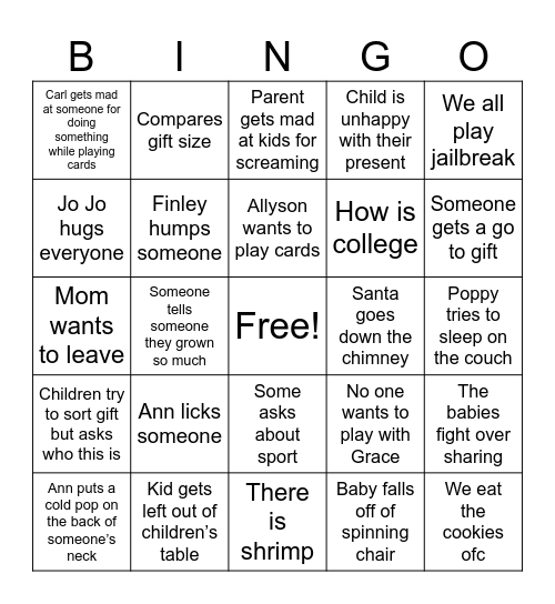 Grandpa’s Christmas Eve Bingo Card