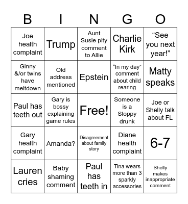 Family Xmas 2025 Bingo Card