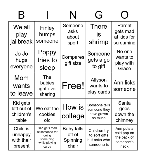 Grandpa’s Christmas Eve Bingo Card