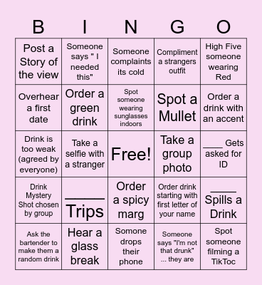 GIRLS BAR DAY Bingo Card