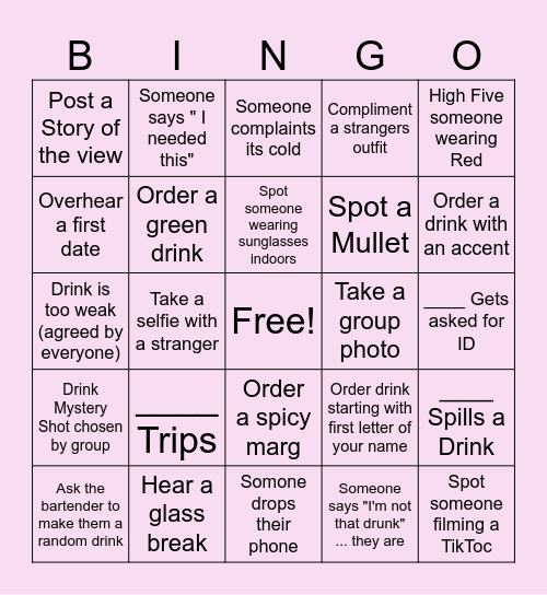 GIRLS BAR DAY Bingo Card
