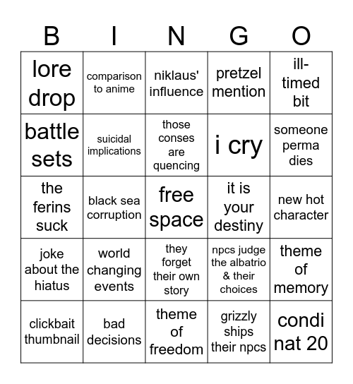 JRWI Riptide Bingo - Post Hiatus Bingo Card
