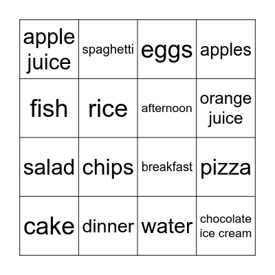 Dinner Time Bingo Card