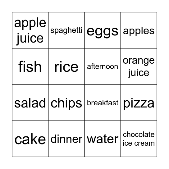 Dinner Time Bingo Card