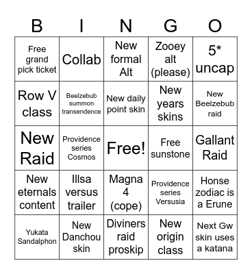 Granblue Fes Dec 2025 Bingo Card
