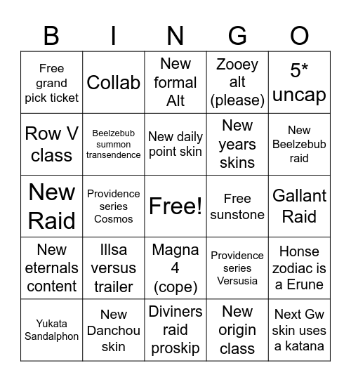 Granblue Fes Dec 2025 Bingo Card